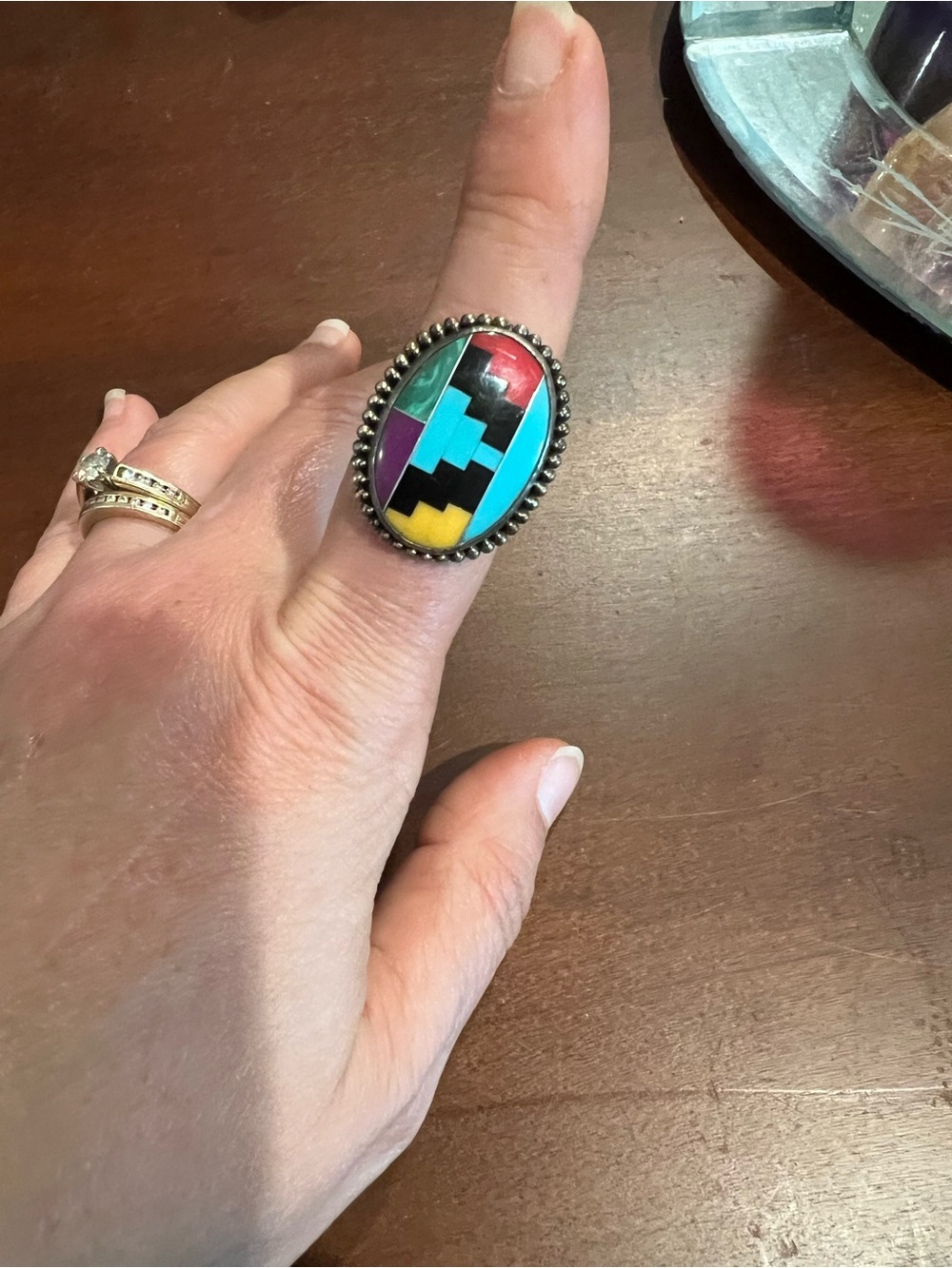 Sterling Solver Multicolor Inlay Oval Statement Ring - Size 9 - Picture 3 of 3